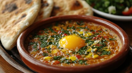 A fragrant symphony of Turkish flavors unfolded before the viewer: vibrant Cilbir eggs, their yolks glistening like jewels, served in a delicate bowl alongside fluffy, golden pita bread, a perfect