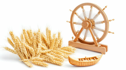  Wooden Spinning Wheel and Wheat Stalks on White Background