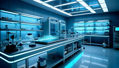 Modern Futuristic Laboratory with Equipment, Glassware, and Blue Lighting: Advanced Scientific Research