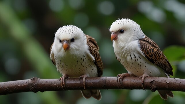 Two adorable, white and brown parakeets perched on a branch