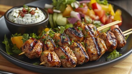 A vibrant tableau of flavors, featuring succulent grilled souvlaki skewers, a refreshing Greek salad adorned with crisp vegetables, and the cooling embrace of creamy tzatziki sauce.