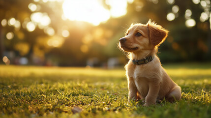 Cute puppy sitting outside in a park