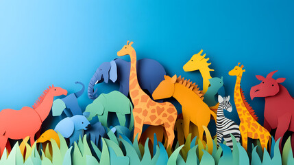 Colorful Paper Animal Cutouts in Blue Jungle Background Whimsical Kids Illustration