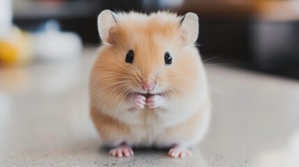 Fototapeta premium Cute and Furry Hamster Sitting on a Table with Tiny Paws Together