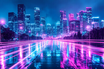 Fototapeta premium Neon City Nights: Rain, Lights, & Skyscrapers