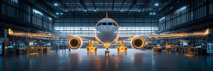Expansive aircraft maintenance hangar equipped with advanced diagnostic tools and glowing outlines showcasing the technological precision of modern aviation engineering and repair facilities