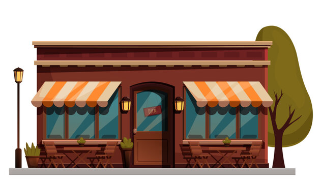 cartoon street cafe with furniture, vector illustration