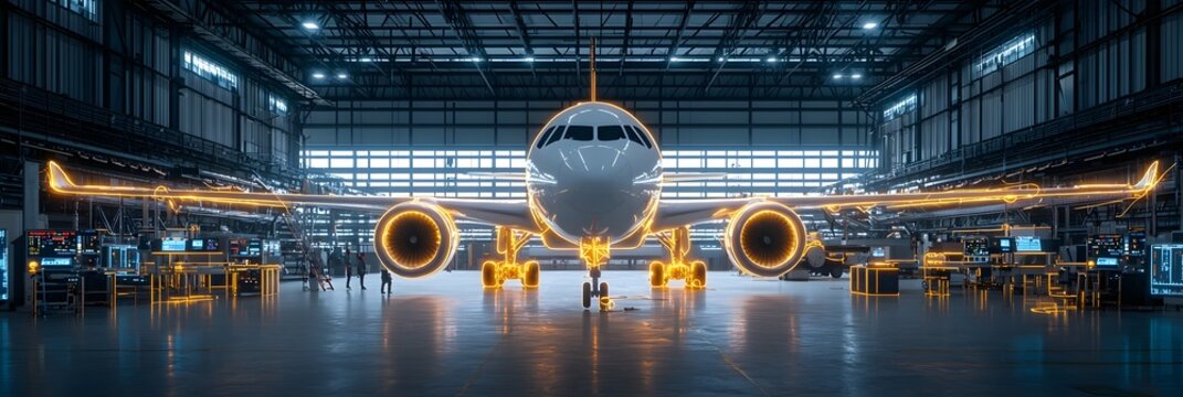 Expansive aircraft maintenance hangar equipped with advanced diagnostic tools and glowing outlines showcasing the technological precision of modern aviation engineering and repair facilities