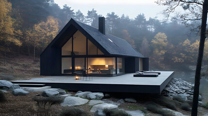 Modern Black Cabin by Lake in Autumn Forest Stock Image