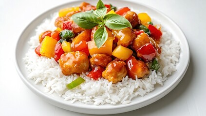 Sweet and Sour Chicken with Rice, a Realistic Food Photo