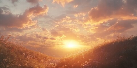 Obraz premium A Beautiful Sunset Illuminates a Grassy Hill and the Sky Above