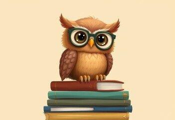 Obraz premium Cartoon Owl Wearing Glasses Sitting on Books Illustration for Education
