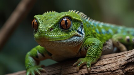 Fototapeta premium Close-up of a vibrant green gecko on a branch. Detailed view of its scales, eyes, and limbs