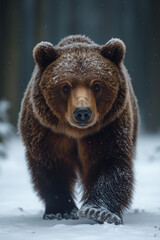 Obraz premium A majestic brown bear walks through a snowy landscape, showcasing its powerful presence in a serene winter setting.