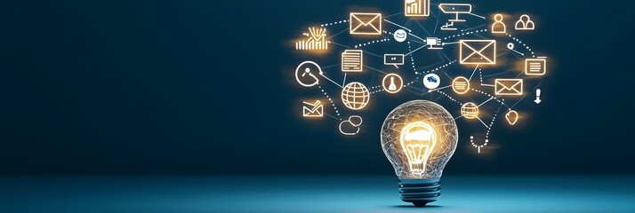 Illuminated digital hub showcasing the interconnected symbols and icons representing the innovative potential of business technology and creative ideas