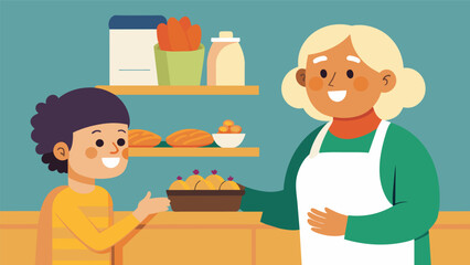 The bakery owner a kind and friendly abuelita greets each customer with a warm smile and a Buenos d as as they make their selections.. Vector illustration