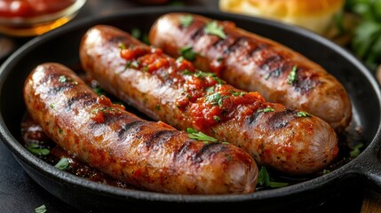 Sizzling sausages, adorned with tangy tomato sauce, served on a bed of golden buns, a classic comfort food.