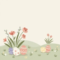 Naklejka premium Charming Easter Illustration with Delicate Spring Flowers and Decorated Eggs in Pastel Colors, Perfect for Holiday Greetings and Celebrations