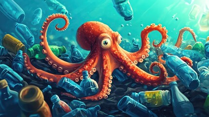 Obraz premium Octopus struggles with ocean plastic pollution underwater scene digital art vibrant colors close-up view environmental awareness