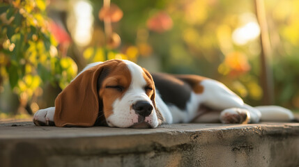 beagle in the park taking a nap