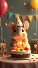 A playful degu in a polka-dotted hat celebrates a birthday with a fruit cake, glowing candles, and colorful decor in a cozy and cheerful indoor setting.