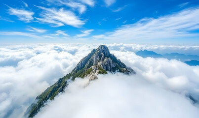 Majestic mountain peak piercing through a sea of clouds under a vibrant blue sky; breathtaking aerial view of a serene landscape.