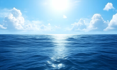 Obraz premium Serene ocean scene under a bright sunny sky with fluffy white clouds. Perfect for travel, vacation, or relaxation themes.