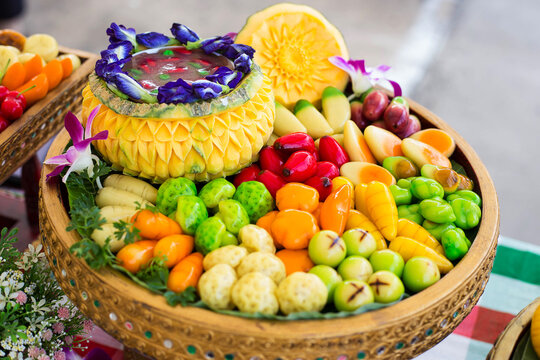 Deletable Imitation Fruits (Kanom Look Choup) .
Gelatin dipped fruit or vegetable shaped mung beans. Luk chup or look choop Marzipan in Portuguese 