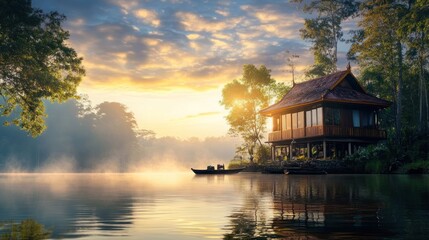 Fototapeta premium Serene Sunrise Cabin by a Misty Lake