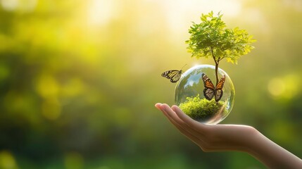 Hand Holding Glass Sphere with Tree and Butterflies in Nature