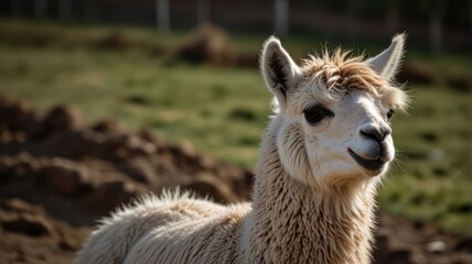 Obraz premium Close-up of a fluffy alpaca in a field