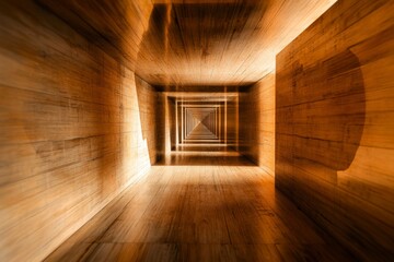 Wooden Tunnel Perspective: Long, Narrow Corridor of Light and Shadow Creates a Stunning Optical Illusion