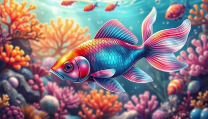 Fototapeta premium Vibrant Goldfish Swimming in Coral Reef Underwater Scene Art