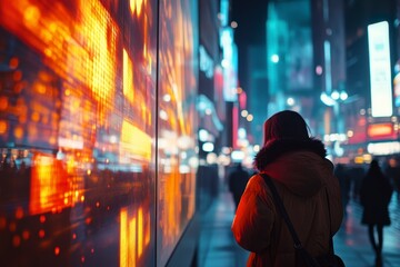 Woman Looks at Abstract Building Facade Lighting at Night in Urban City Environment with Walking Pedestrians