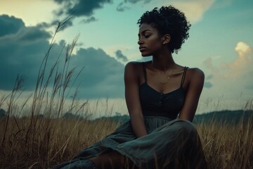 Obraz premium Thoughtful African Woman in Field at Dusk with Dramatic Sky and Tall Grass