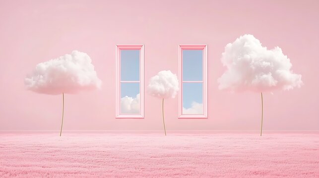 Pink Room for Cloud Trees, Dreamy Scene.