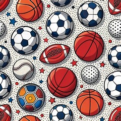 Obraz premium Seamless pattern Set of various sports balls including football, basketball, soccer, tennis, baseball, volleyball, rugby, and more in a simple illustration For card making, wallpaper, clothing, texti