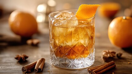 A vibrant autumn cocktail crafted from the finest bourbon, infused with cinnamon and nutmeg, garnished with an orange peel, a perfect blend of warm spices and rich flavors.