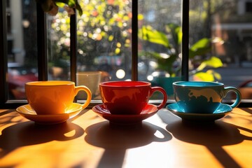 Three colorful coffee cups sit on a table in the sunlight, next to a window.