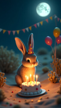 A charming springhare in a starry hat celebrates a birthday with a desert cake, glowing candles, and colorful decor in a magical moonlit setting.
