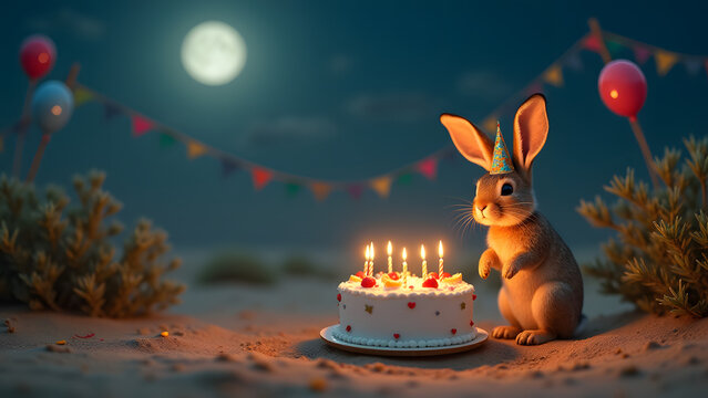 A charming springhare in a starry hat celebrates a birthday with a desert cake, glowing candles, and colorful decor in a magical moonlit setting.