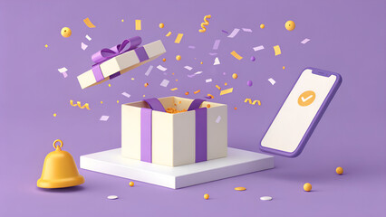 Open gift box with confetti, a phone with a checkmark, and a bell on a purple background