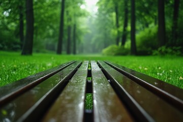 Rain-slicked park bench extending towards a misty green forest path. A tranquil and serene scene.