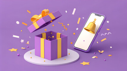 Purple gift box with gold ribbon and a phone with a bell icon on a purple background with confetti