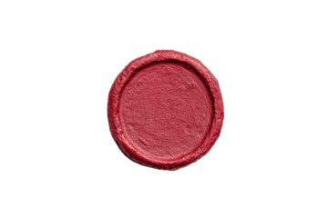 A circular red wax seal with a textured surface and raised edges.