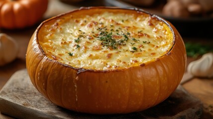 A golden-hued pumpkin, its tender flesh yielding to the touch, cradles a symphony of flavors: soft, melted cheese mingling with fragrant herbs, a culinary masterpiece.
