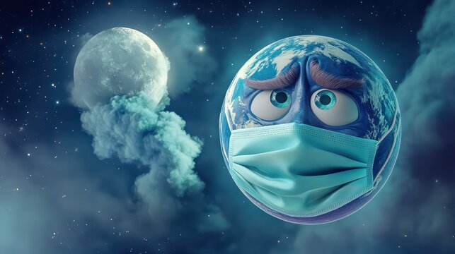 Earth's plight animated globe in mask cosmic scene digital art surreal environment whimsical perspective pandemic theme