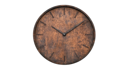 A rustic clock with a worn, aged face and simple hour markers, displaying a classic design.