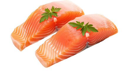 Fresh Salmon Fillet Raw Seafood for Gourmet Recipes on white and transparent Background	