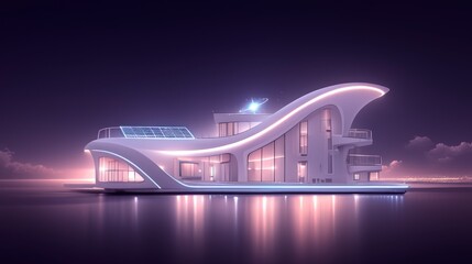 Futuristic Smart Home  Waterfront Solar Powered Villa at Night